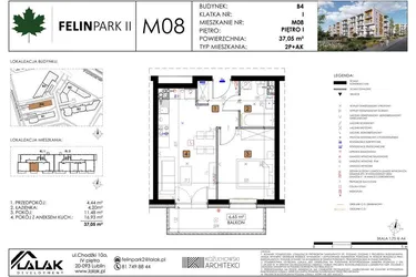 Rzut - Mieszkanie na sprzedaż 2 pokoje o powierzchni 37,05 m² - numer B4_M08/I w Felin Park budynek B4