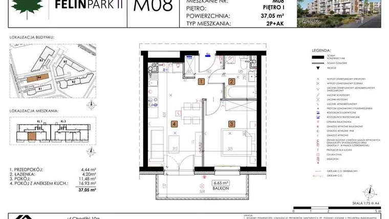 Rzut - Mieszkanie na sprzedaż 2 pokoje o powierzchni 37,05 m² - numer B4_M08/I w Felin Park budynek B4