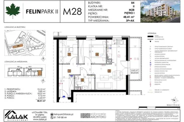 Rzut - Mieszkanie na sprzedaż 3 pokoje o powierzchni 48,41 m² - numer B4_M28/I w Felin Park budynek B4