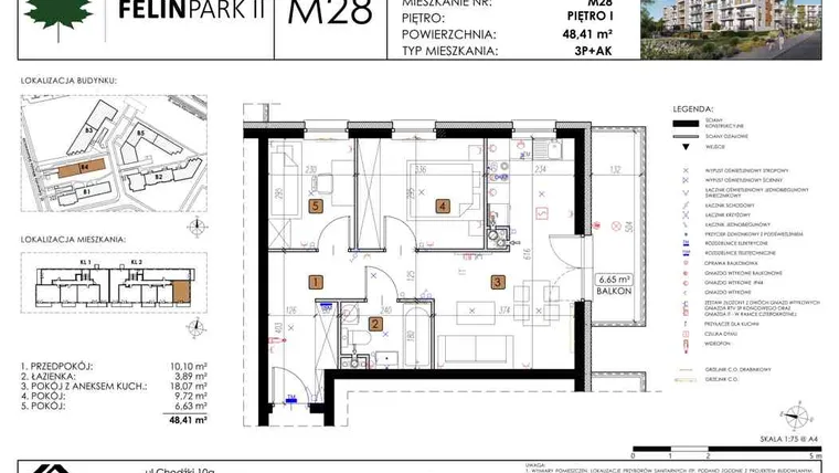 Rzut - Mieszkanie na sprzedaż 3 pokoje o powierzchni 48,41 m² - numer B4_M28/I w Felin Park budynek B4
