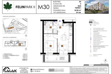 Rzut - Mieszkanie na sprzedaż 2 pokoje o powierzchni 34 m² - numer B4_M30/I w Felin Park budynek B4