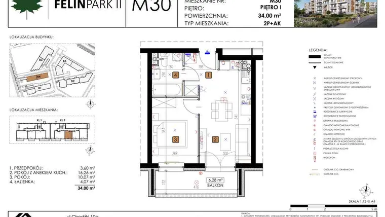 Rzut - Mieszkanie na sprzedaż 2 pokoje o powierzchni 34 m² - numer B4_M30/I w Felin Park budynek B4