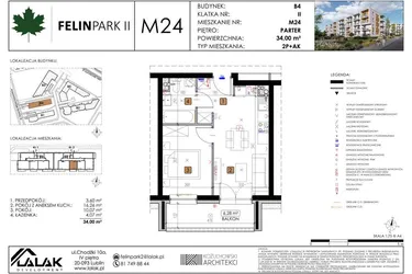 Rzut - Mieszkanie na sprzedaż 2 pokoje o powierzchni 34 m² - numer B4_M24/P w Felin Park budynek B4