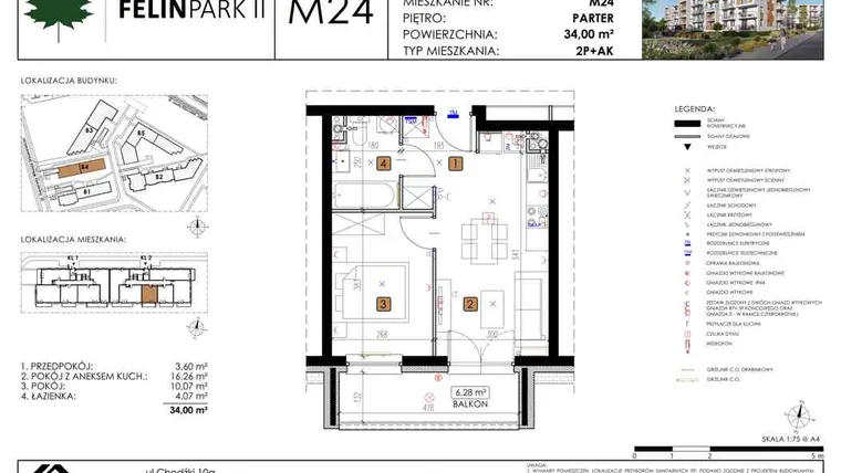 Rzut - Mieszkanie na sprzedaż 2 pokoje o powierzchni 34 m² - numer B4_M24/P w Felin Park budynek B4