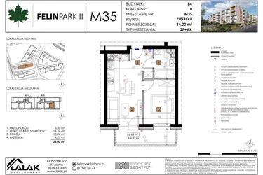 Rzut - Mieszkanie na sprzedaż 2 pokoje o powierzchni 34 m² - numer B4_M35/II w Felin Park budynek B4