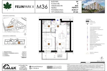 Rzut - Mieszkanie na sprzedaż 2 pokoje o powierzchni 34 m² - numer B4_M36/II w Felin Park budynek B4