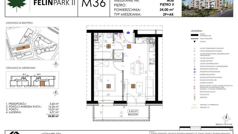 Rzut - Mieszkanie na sprzedaż 2 pokoje o powierzchni 34 m² - numer B4_M36/II w Felin Park budynek B4
