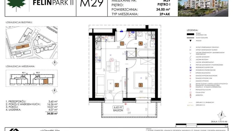Rzut - Mieszkanie na sprzedaż 2 pokoje o powierzchni 34 m² - numer B4_M29/I w Felin Park budynek B4