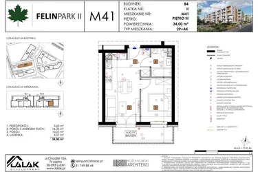 Rzut - Mieszkanie na sprzedaż 2 pokoje o powierzchni 34 m² - numer B4_M41/III w Felin Park budynek B4