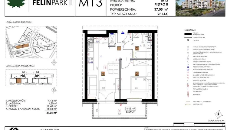 Rzut - Mieszkanie na sprzedaż 2 pokoje o powierzchni 37,05 m² - numer B4_M13/II w Felin Park budynek B4
