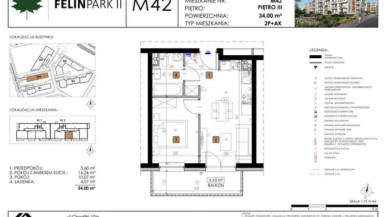 Rzut - Mieszkanie na sprzedaż 2 pokoje o powierzchni 34 m² - numer B4_M42/III w Felin Park budynek B4