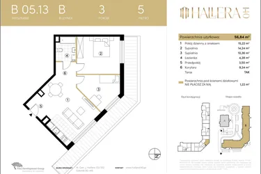 Rzut - Mieszkanie na sprzedaż 3 pokoje o powierzchni 56,64 m² - numer B.05.13 w Hallera 140