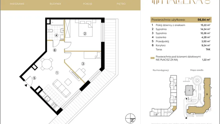 Rzut - Mieszkanie na sprzedaż 3 pokoje o powierzchni 56,64 m² - numer B.05.13 w Hallera 140