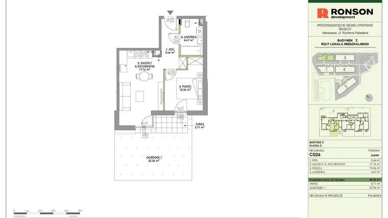 Rzut - Mieszkanie na sprzedaż 2 pokoje o powierzchni 38,35 m² - numer C026 w Bosco