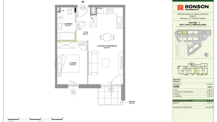Rzut - Mieszkanie na sprzedaż 2 pokoje o powierzchni 40,56 m² - numer C030 w Bosco