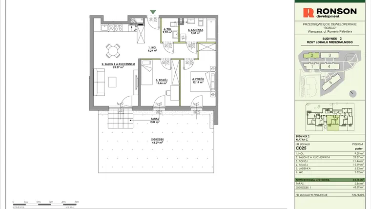 Rzut - Mieszkanie na sprzedaż 3 pokoje o powierzchni 64,16 m² - numer C025 w Bosco