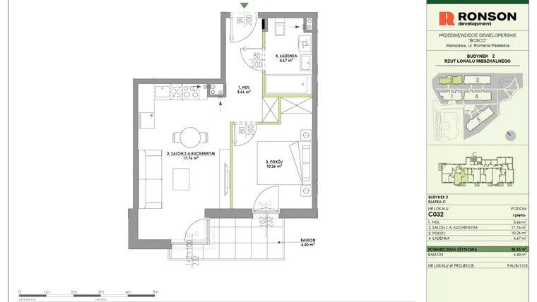 Rzut - Mieszkanie na sprzedaż 2 pokoje o powierzchni 38,35 m² - numer C032 w Bosco