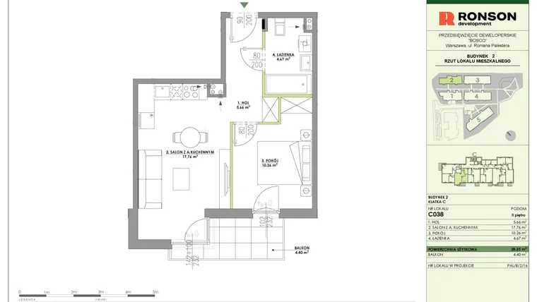 Rzut - Mieszkanie na sprzedaż 2 pokoje o powierzchni 38,35 m² - numer C038 w Bosco