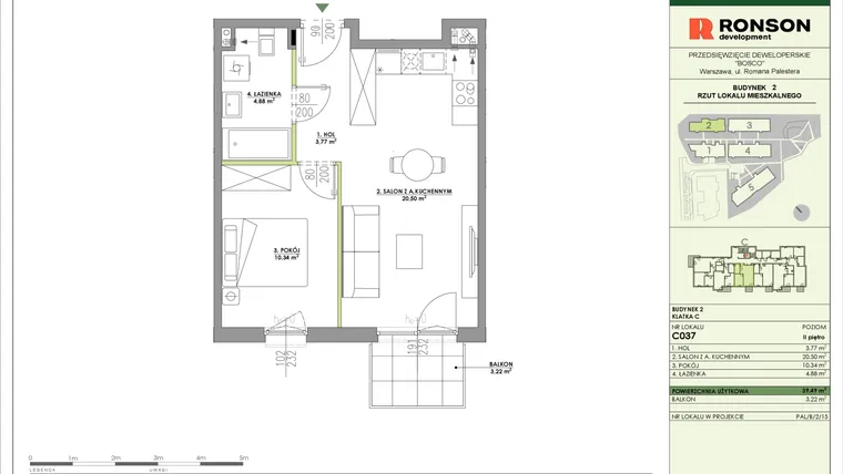 Rzut - Mieszkanie na sprzedaż 2 pokoje o powierzchni 39,49 m² - numer C037 w Bosco