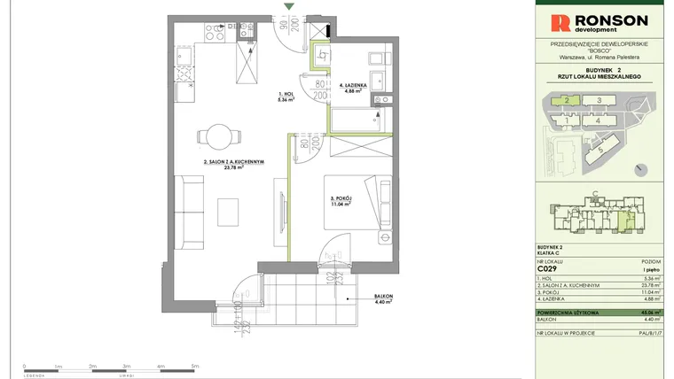 Rzut - Mieszkanie na sprzedaż 2 pokoje o powierzchni 45,06 m² - numer C029 w Bosco