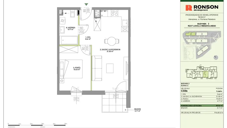 Rzut - Mieszkanie na sprzedaż 2 pokoje o powierzchni 40,56 m² - numer C036 w Bosco