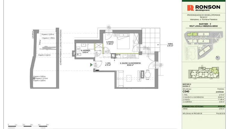 Rzut - Mieszkanie na sprzedaż 2 pokoje o powierzchni 43,36 m² - numer C040 w Bosco
