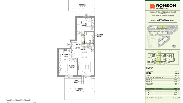 Rzut - Mieszkanie na sprzedaż 3 pokoje o powierzchni 68,07 m² - numer D045 w Bosco