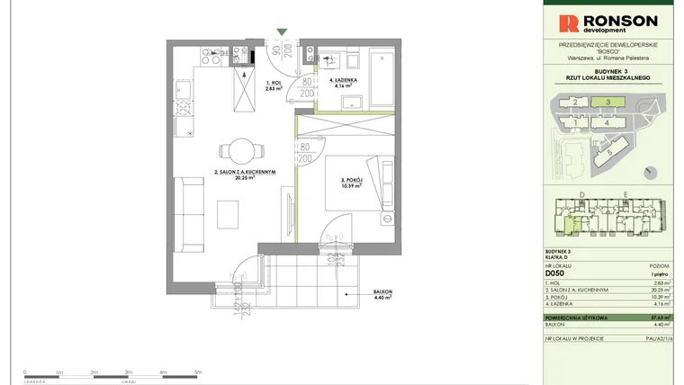 Rzut - Mieszkanie na sprzedaż 2 pokoje o powierzchni 37,63 m² - numer D050 w Bosco