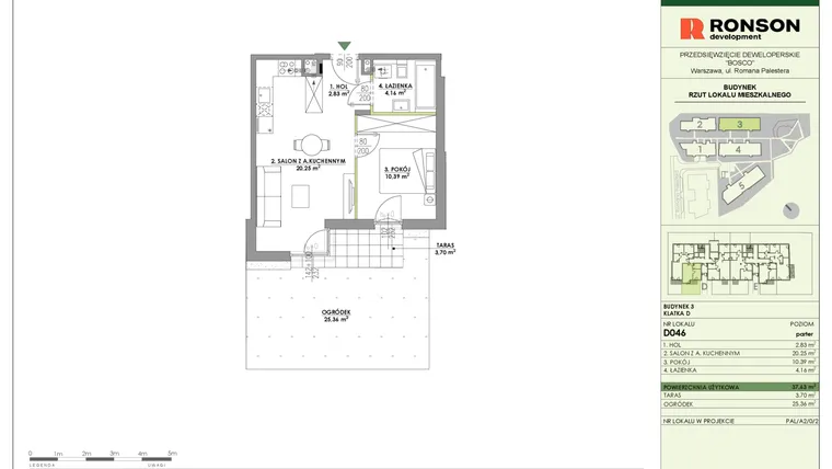 Rzut - Mieszkanie na sprzedaż 2 pokoje o powierzchni 37,63 m² - numer D046 w Bosco