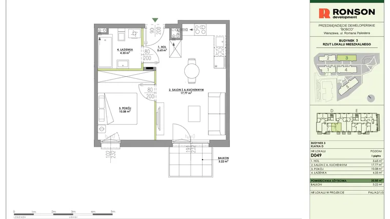 Rzut - Mieszkanie na sprzedaż 2 pokoje o powierzchni 35,85 m² - numer D049 w Bosco