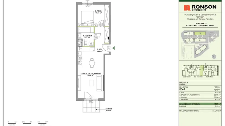 Rzut - Mieszkanie na sprzedaż 2 pokoje o powierzchni 45,27 m² - numer E065 w Bosco