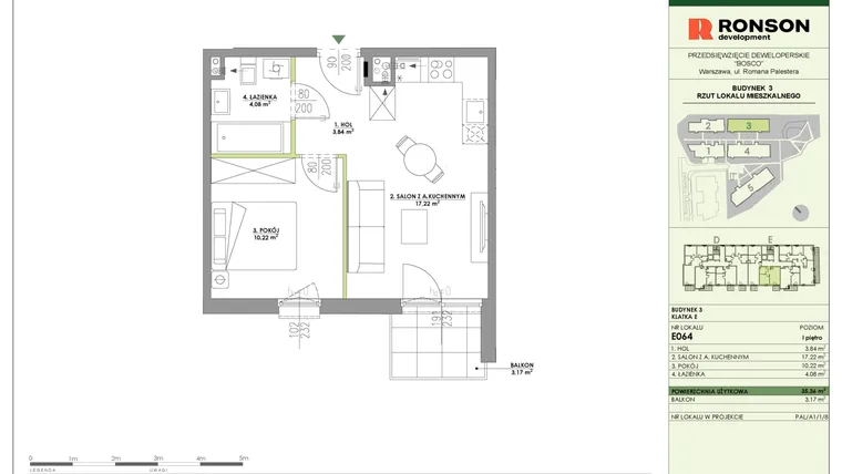 Rzut - Mieszkanie na sprzedaż 2 pokoje o powierzchni 35,36 m² - numer E064 w Bosco