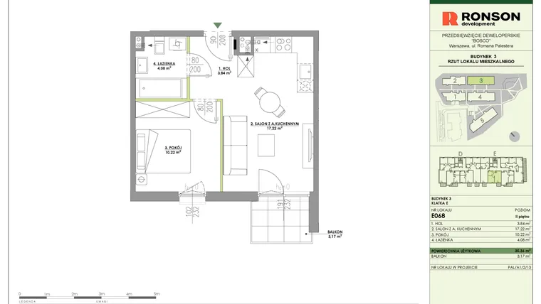 Rzut - Mieszkanie na sprzedaż 2 pokoje o powierzchni 35,36 m² - numer E068 w Bosco