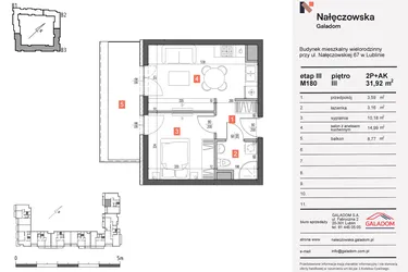 Rzut - Mieszkanie na sprzedaż 2 pokoje o powierzchni 31,92 m² - numer 180 w Nałęczowska etap III