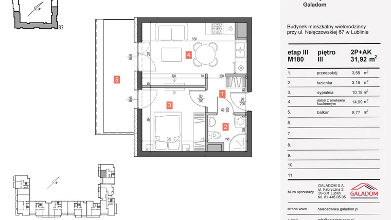 Rzut - Mieszkanie na sprzedaż 2 pokoje o powierzchni 31,92 m² - numer 180 w Nałęczowska etap III