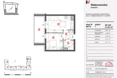Rzut - Mieszkanie na sprzedaż 2 pokoje o powierzchni 31,92 m² - numer 174 w Nałęczowska etap III