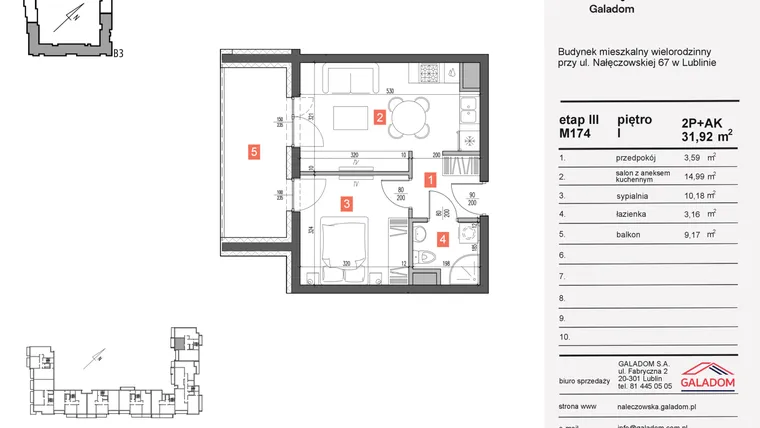 Rzut - Mieszkanie na sprzedaż 2 pokoje o powierzchni 31,92 m² - numer 174 w Nałęczowska etap III