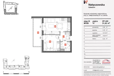 Rzut - Mieszkanie na sprzedaż 2 pokoje o powierzchni 31,92 m² - numer 189 w Nałęczowska etap III