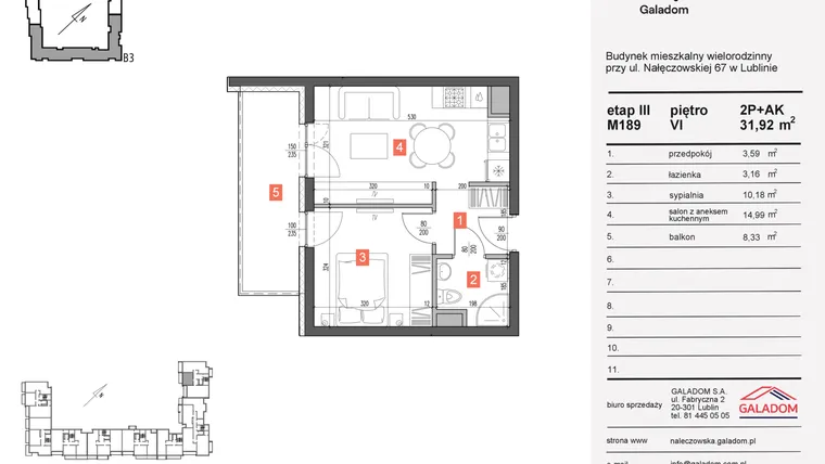 Rzut - Mieszkanie na sprzedaż 2 pokoje o powierzchni 31,92 m² - numer 189 w Nałęczowska etap III