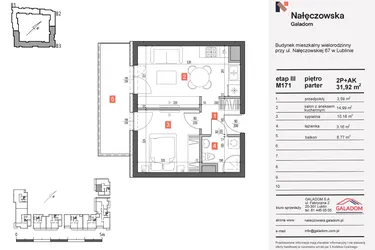 Rzut - Mieszkanie na sprzedaż 2 pokoje o powierzchni 31,92 m² - numer 171 w Nałęczowska etap III