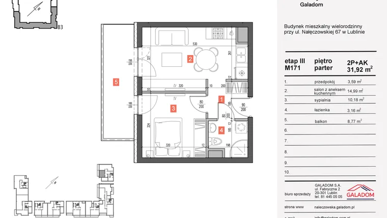 Rzut - Mieszkanie na sprzedaż 2 pokoje o powierzchni 31,92 m² - numer 171 w Nałęczowska etap III
