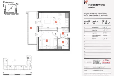 Rzut - Mieszkanie na sprzedaż 2 pokoje o powierzchni 31,92 m² - numer 192 w Nałęczowska etap III