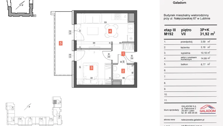 Rzut - Mieszkanie na sprzedaż 2 pokoje o powierzchni 31,92 m² - numer 192 w Nałęczowska etap III