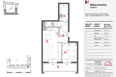 Rzut - Mieszkanie na sprzedaż 2 pokoje o powierzchni 54,71 m² - numer 195 w Nałęczowska etap III