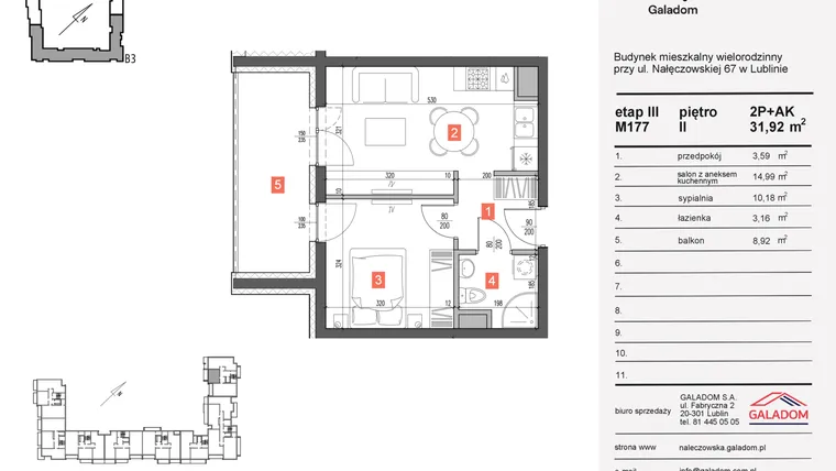 Rzut - Mieszkanie na sprzedaż 2 pokoje o powierzchni 31,92 m² - numer 177 w Nałęczowska etap III