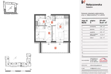 Rzut - Mieszkanie na sprzedaż 2 pokoje o powierzchni 30,61 m² - numer 249 w Nałęczowska etap III