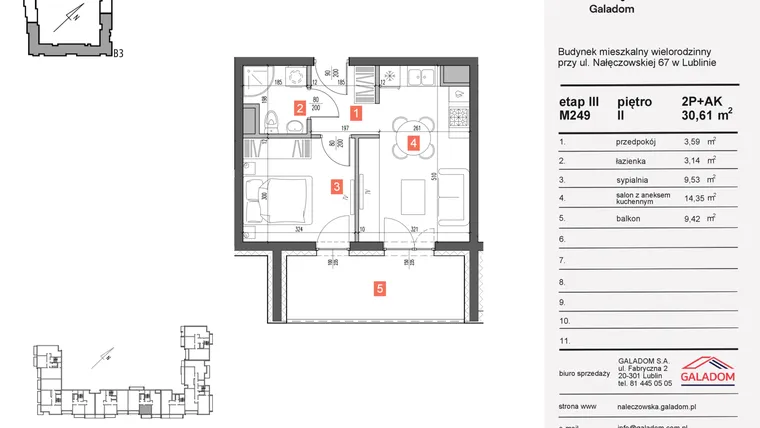 Rzut - Mieszkanie na sprzedaż 2 pokoje o powierzchni 30,61 m² - numer 249 w Nałęczowska etap III