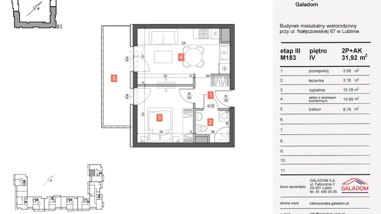 Rzut - Mieszkanie na sprzedaż 2 pokoje o powierzchni 31,92 m² - numer 183 w Nałęczowska etap III