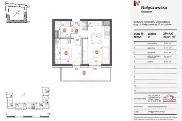 Rzut - Mieszkanie na sprzedaż 2 pokoje o powierzchni 30,61 m² - numer 258 w Nałęczowska etap III
