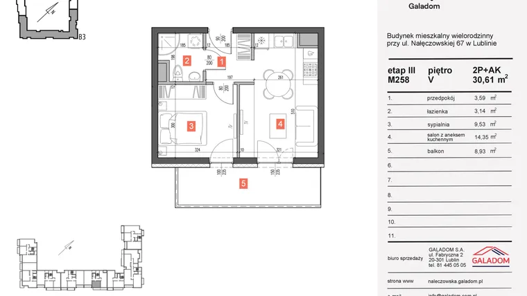 Rzut - Mieszkanie na sprzedaż 2 pokoje o powierzchni 30,61 m² - numer 258 w Nałęczowska etap III